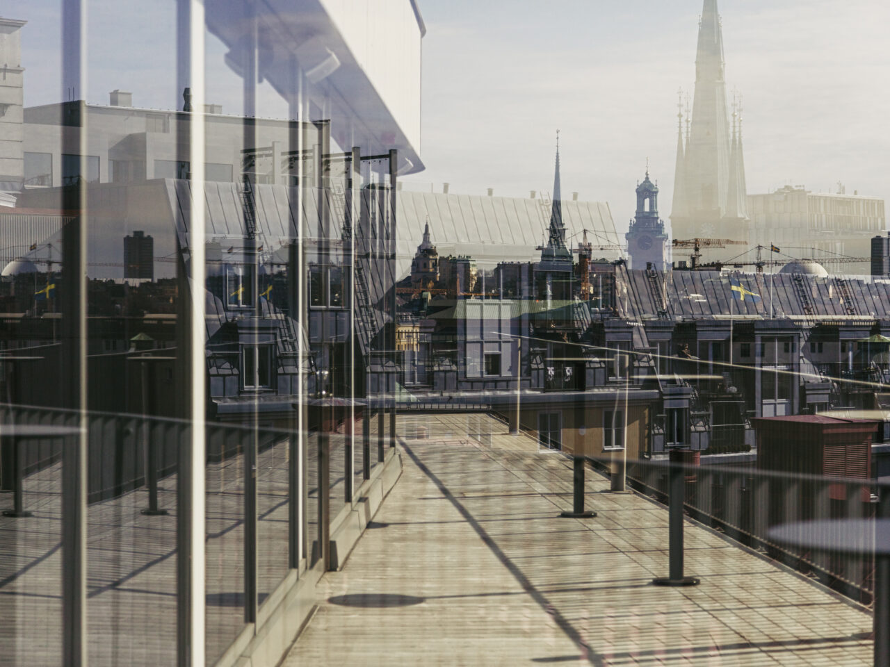 A city view from a roof terrace.