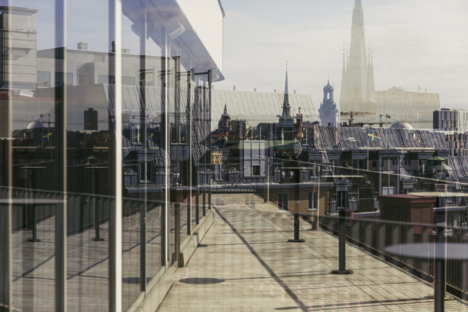 A city view from a roof terrace.